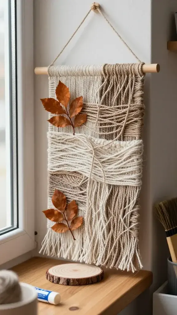 A cozy, sunlit craft nook featuring a stylish wall hanging/mini tray display as the main subject, created with layered textures: overlapping yarns in wool and cotton in neutral tones, intertwined with natural jute twine, and accented with a small found wood slice as the base. The composition showcases a warm, tactile arrangement on a wooden surface near a window, with soft amber/copper accents in decorative fibers and a few dried leaves for autumnal vibe. Include a background hint of a tidy workspace with a broom and a glue gun subtly visible, emphasizing a quick-therapy crafting moment, but keep the focus on the textured wall hanging/tray centerpiece. Realistic photography style, high-resolution, natural lighting, shallow depth of field to emphasize textures, no text or overlays on the image.
