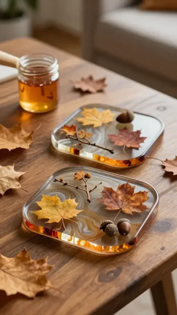 A high-resolution, hyper-realistic photo of a pair of glossy resin coasters with autumn-themed inlays, resting on a rustic wooden coffee table. The coasters showcase clear, glassy resin with embedded pressed autumn leaves, tiny acorns, and delicate twig fragments arranged in elegant, natural patterns. Ambient warm lighting highlights the depth and translucence of the resin, revealing subtle swirls and layered layers from a two-part epoxy pour. Surrounding elements include a small jar of epoxy resin with a resin mixing cup and a few scattered autumn leaves to imply an ongoing crafting session, while a softly blurred background hints at a cozy living room setup. The main subject should be clearly the resin coasters as a centerpiece, exuding a refined, artisanal aesthetic with a contemporary, fall-inspired vibe. No text or overlays in the image.