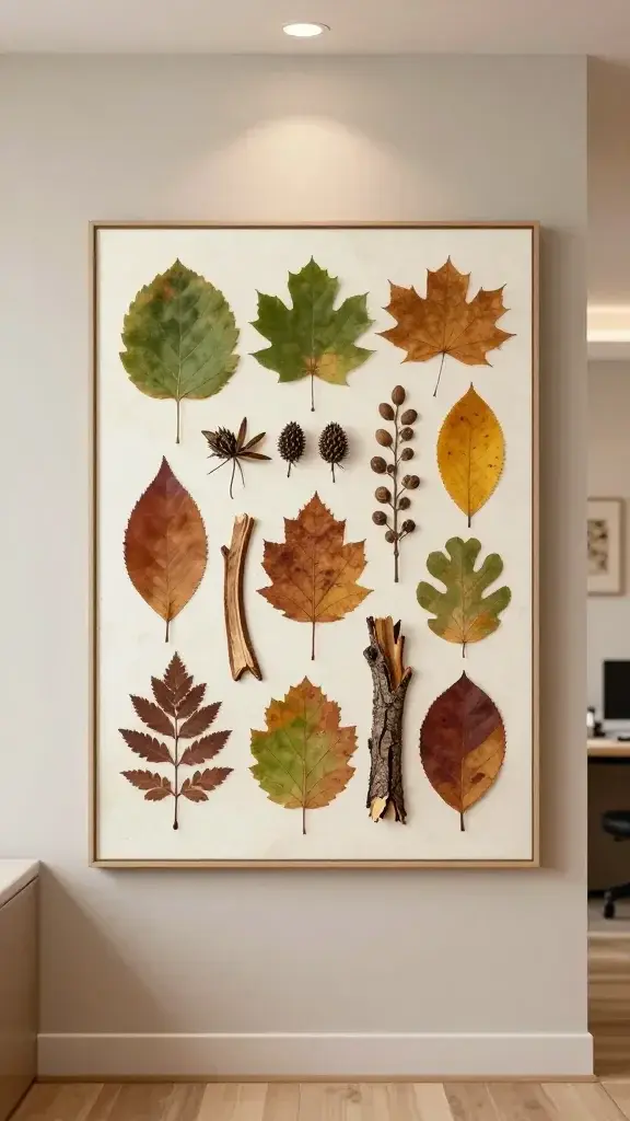 A high-quality, realistic photograph of a nature-inspired wall art display in a softly lit interior. The main subject is a pressed leaves arrangement mounted on a watercolor paper sheet with a subtle gesso base that makes colors pop. The composition shows a tasteful collage of various autumn leaves, seed pods, and pieces of bark arranged in an organic, balanced layout, framed by a slim, minimal frame. The background features a neutral hallway wall or an office desk area with warm ambient lighting, gentle textures, and a calm color palette of earthy greens, amber, and browns. The overall scene conveys a simple, curated display that evokes fall without being overpowering, suitable for a hallway or above a desk. No text or overlays.