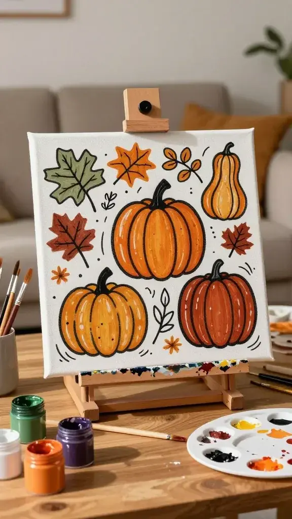 A high-resolution, realistic photo of a cozy creative workspace featuring a hand-drawn Harvest-Themed Canvas Doodles scene in the process of being created. In the foreground, a square canvas on an easel displays bold, stylized pumpkins, gourds, and leaves in a warm autumn palette of honey, sage, and rust, with strong black outlines for a modern doodle look. Surrounding the canvas are open acrylic paints in coordinating colors, brushes, and paint-splattered palettes. A warm, natural light fills the scene, casting gentle shadows on a wooden table and a soft-textured backdrop that hints at a living room display area. The overall composition conveys a casual, inviting craft vibe, ready to hang above a sofa or in a hallway, with attention to realistic textures of paint, canvas grain, and the artist’s hand-drawn details. No text overlays or logos.
