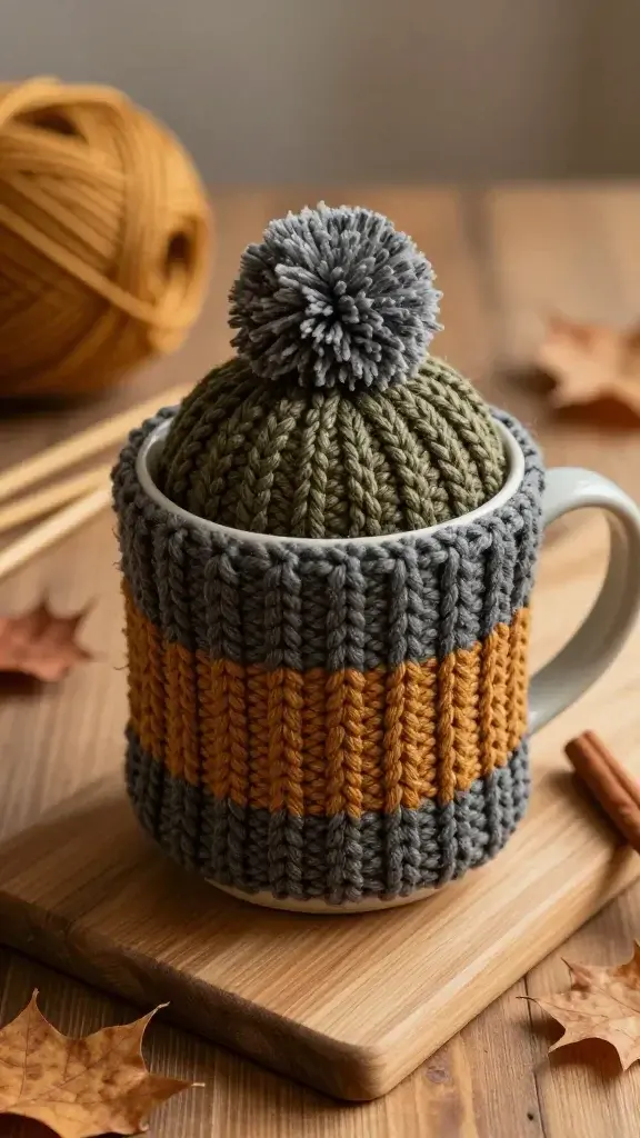 A high-resolution, realistic photo of a cozy autumn tabletop scene featuring a handmade knit tea cozy draped over a mug, with warm, soft lighting. The main subject is the tea cozy, knitted from bulky yarn in rich, earthy tones (deep olive, warm caramel, or heather gray) with a small, decorative pom-pom perched on top for subtle whimsy. The mug beneath the cozy is a simple glazed ceramic cup with a matte finish, placed on a wooden surface like a rustic table or cutting board. Include gentle autumn elements in the background such as a partially visible skein of bulky yarn, a pair of wooden needles, and a few scattered dried leaves or a cinnamon stick to evoke fall coziness. The image should have a shallow depth of field, focusing crisply on the knit texture and the cozy wrap around the mug, with warm ambient lighting and natural shadows to convey a peaceful, therapeutic craft moment. No text overlays.