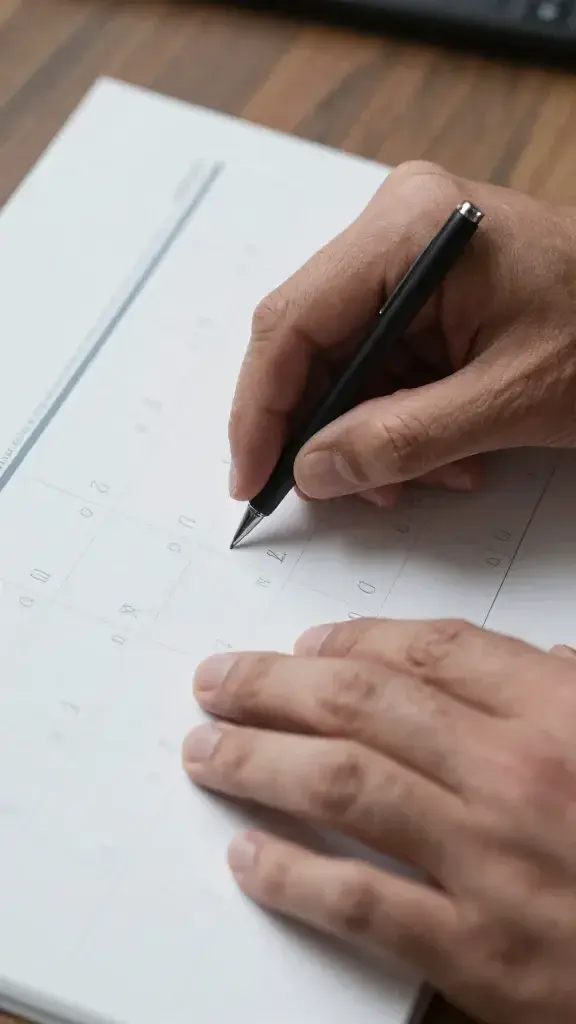 closeup of a stressed founder’s hands hovering over a cluttered calendar