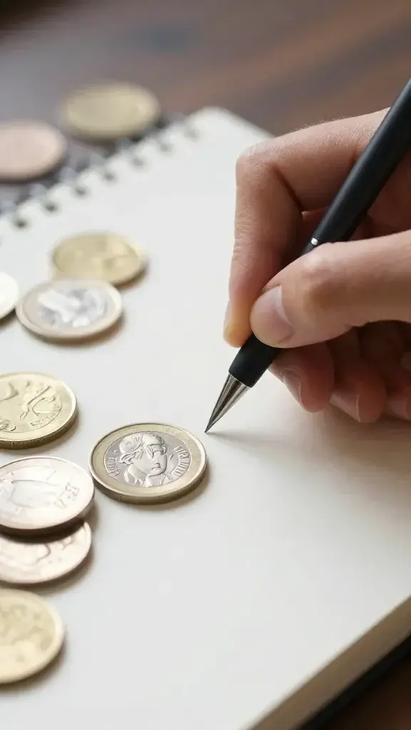Closeup of a hand writing in a financial notebook with scattered coins