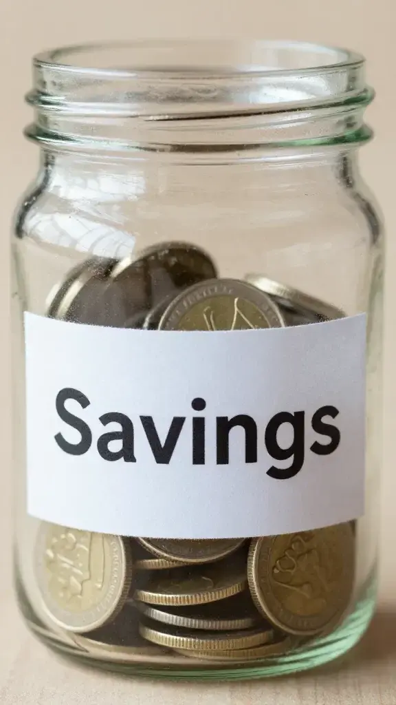 Closeup of a glass jar labeled "Savings" with a coin slot and coins inside