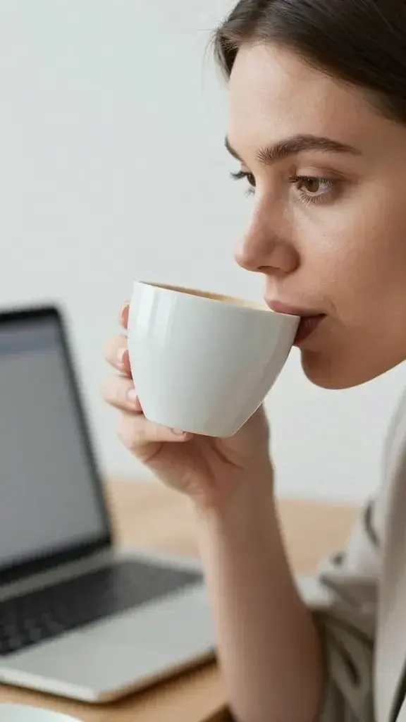 closeup of a woman in her 30s sipping coffee, focused gaze, laptop in blurred background