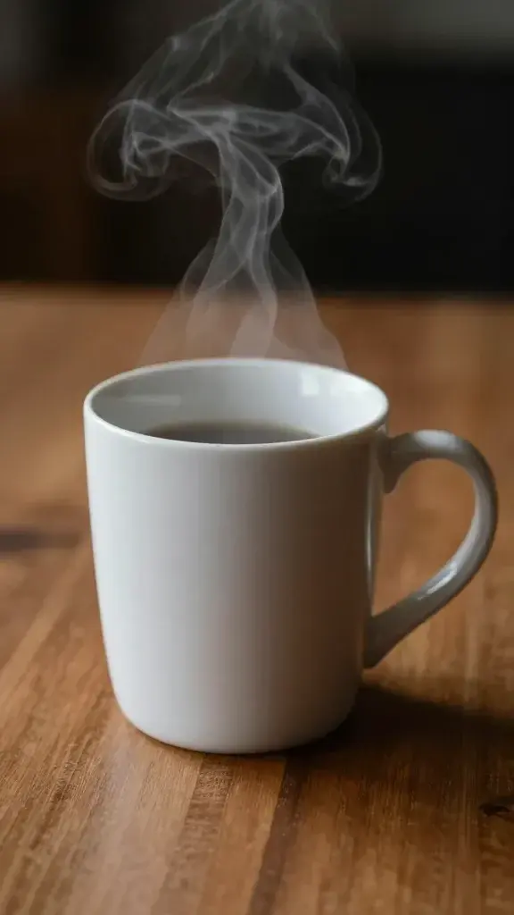closeup of a steaming mug on a wooden table promoting positive morning routines
