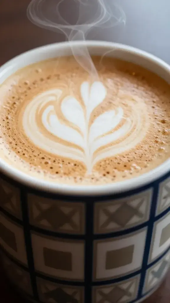 Closeup of a steaming cinnamon latte in a patterned mug
