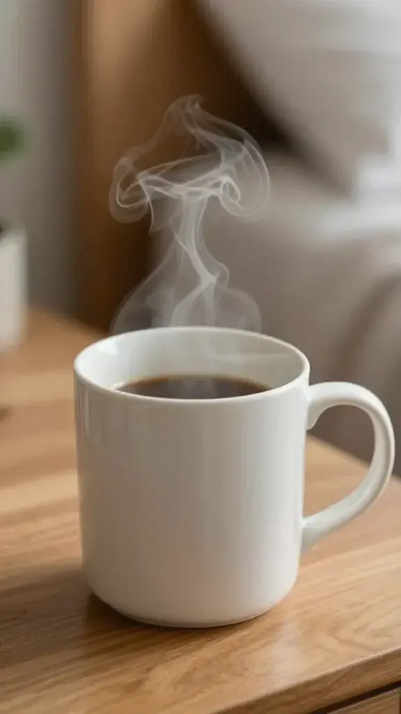 Close-up of a cozy mug steaming on a wooden bedside table
