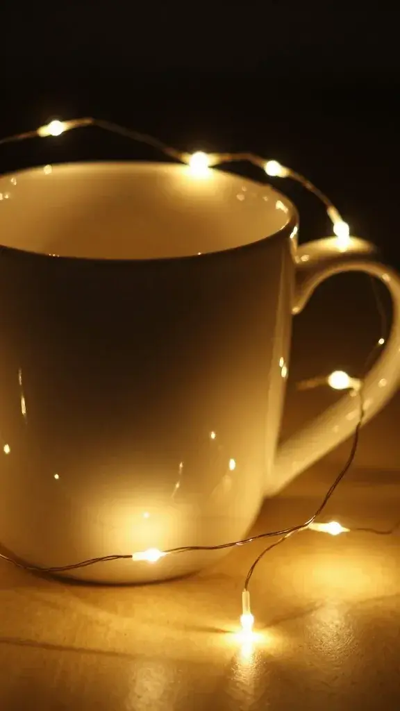 closeup of amber fairy lights glowing around a warm mug