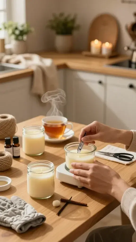 A realistic, high-quality photo of a cozy indoor setting centered on candle making as the main subject. A warm, softly lit craft table in a rustic kitchen or sunlit living room, with a wood countertop and neutral tones. In the foreground, hands are melting wax in a small, safe double boiler setup, a thermometer nearby, and glass jars ready for pouring. The scene includes a cup of steaming tea, a few fragrance oil bottles labeled with simple, tasteful designs, and a partially filled jar of vanilla or cinnamon-scented wax to convey coziness, while another jar shows citrus notes to suggest brightness. Surrounding elements: skeins of twine, a pair of heat-resistant gloves, a wick holder, and a small scissors. The background features warm decorative touches like a softly textured throw blanket, a small potted plant, and a shelf with subtle candles to imply a boutique retreat vibe. Lighting is natural and golden, evoking a frost-tinted evening, with gentle shadows and a shallow depth of field to keep the focus on the candle-making activity and the welcoming ambiance. No text or overlays.
