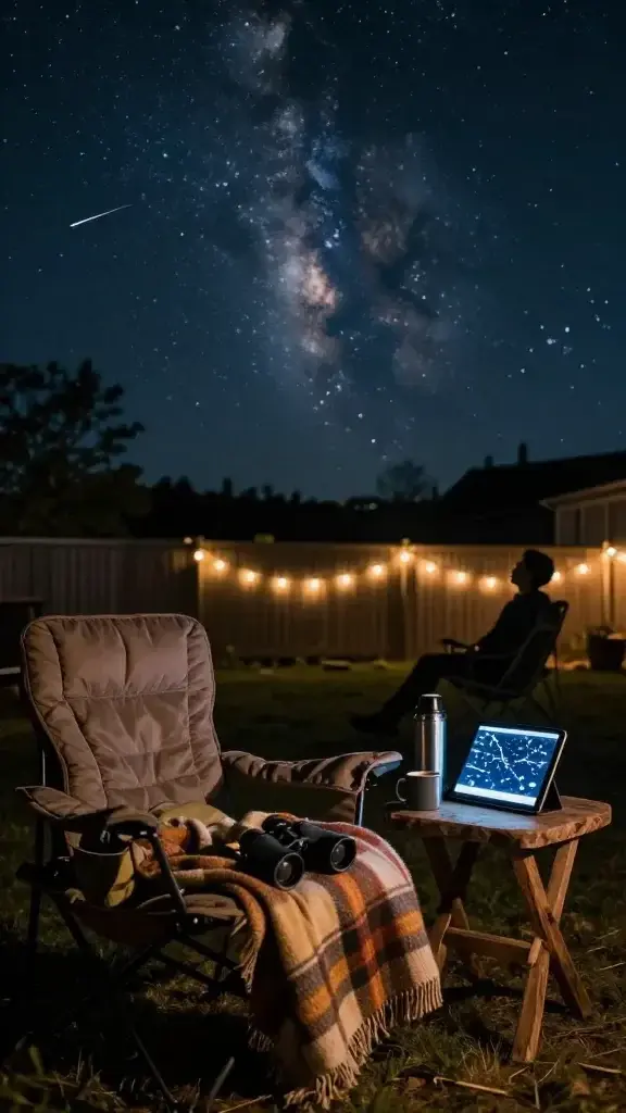 A realistic, high-quality night landscape scene of a cozy backyard stargazing setup on a cold evening. In the foreground, a plush, high-backed outdoor chair with a warm plaid blanket draped over it, and a stainless thermos and mug sits on a small, rustic side table. Nearby, a detailed star map app is displayed on a tablet resting on a stand, showing prominent constellations. The sky overhead is clear and deep blue-black, dotted with bright stars and a faint Milky Way, with a subtle meteor streak just visible. A pair of compact binoculars rests on the blanket, ready for use. Subtle warm lighting from a string of soft, amber outdoor lights along a fence casts a gentle glow, while a person’s silhouette sits contentedly, gazing upward, embodying patience and curiosity. The scene conveys quiet cosmos, the allure of big beauty found in stillness, and the feeling of enjoying the night from a porch or park, with realistic textures, natural colors, and cinematic depth of field.