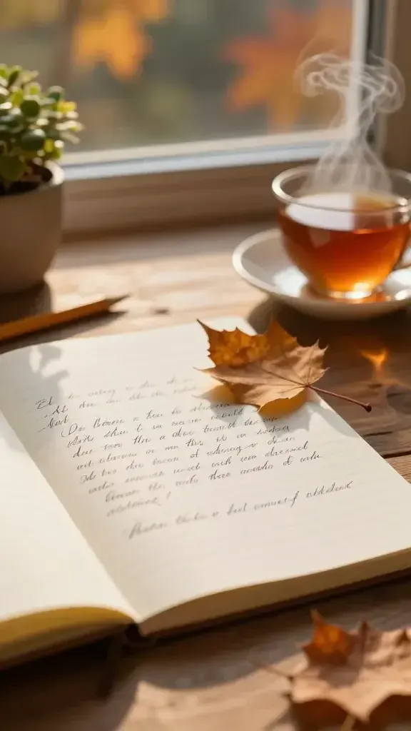 A realistic, high-quality photograph of a warm, sunlit desk by a window at golden hour, featuring a handwritten letter in elegant script resting on lined notebook paper, a dried autumn leaf pressed beside it, and a cup of tea with steam curling upward. The scene conveys a personal, reflective mood: a softly blurred background with hints of autumn colors—deep oranges, ochres, and muted greens—while the foreground shows a closed notebook, a pencil, and a small potted plant. The lighting should be natural and inviting, emphasizing textures of paper, ink, and wood, with shallow depth of field to keep the letter and leaf in sharp focus and the rest slightly blurred, evoking a sense of intimate, intentional reflection about welcoming October and the season of autumn. There should be no text or overlays within the image.