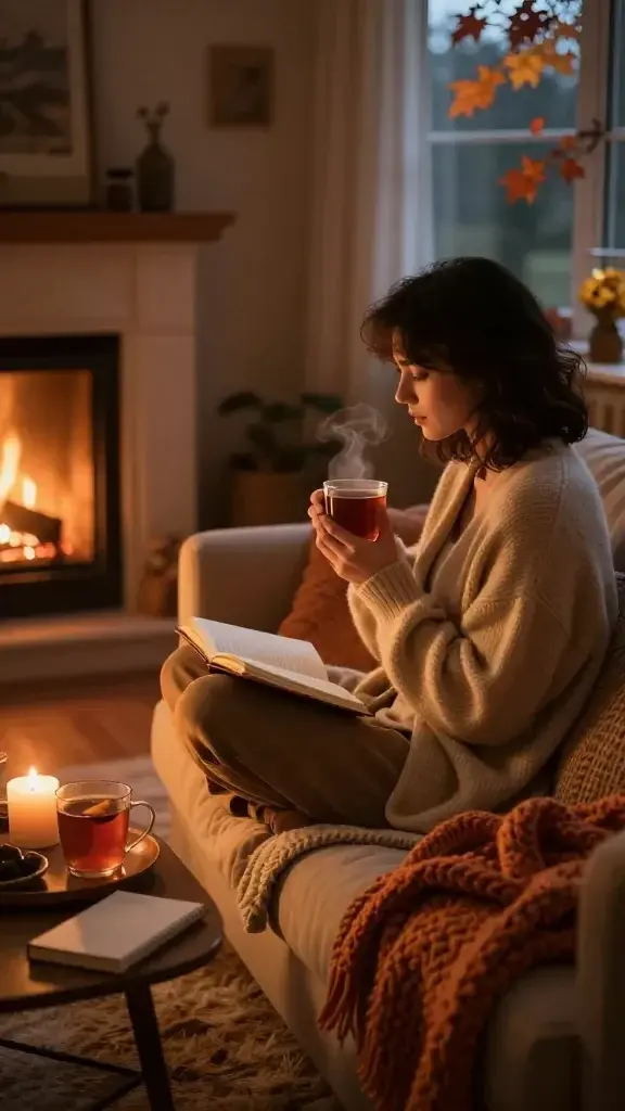 A warm, inviting evening scene featuring a calm, cozy living space centered on a thoughtful person settling into their night routine. The main subject from the article title is preparing for October nights: a person in their early 30s wearing a soft, oversized cardigan, seated comfortably on a plush sofa with a warm glow from a nearby fireplace. They hold a steaming mug of tea, cacao, or mulled cider, while a small journal rests open on their lap for a 5–10 minute unscripted writing window. Nearby, a scented candle flickers softly and a knitted shawl or cardigan lies nearby, adding tactile texture. The room exudes autumn colors—deep oranges, amber, and cream—with cozy textiles: a chunky knit throw, a plush rug, and dim, ambient lighting. A window shows faint autumn foliage outside, and a coffee table holds a small tray with the warm beverage, a closed book, and a notepad. The atmosphere is serene, inviting, and intimate, emphasizing rest, reflection, and gentle delight, with naturalistic lighting, high realism, and photographic detail. No text on the image.