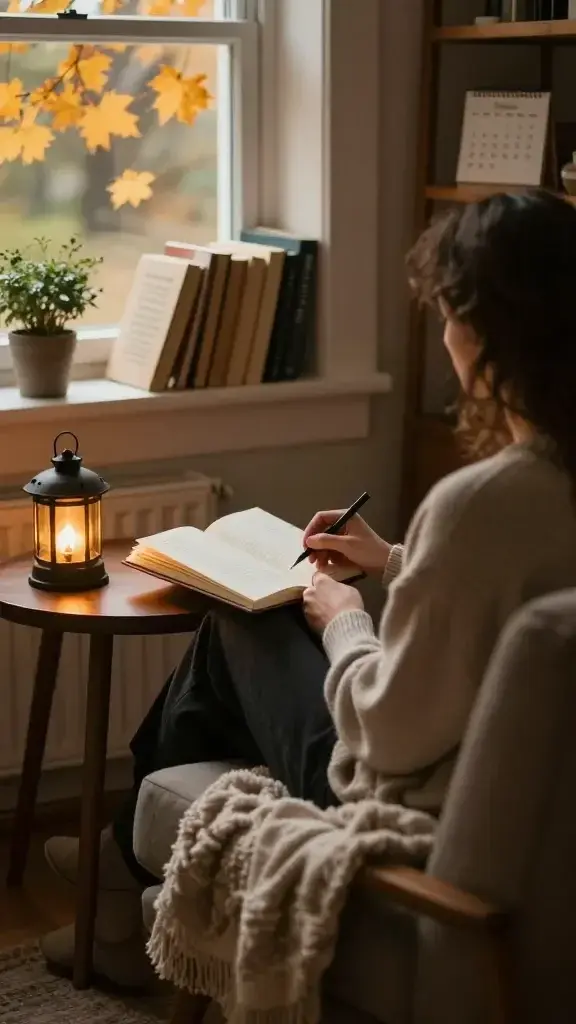 A warm, inviting autumn scene set in a softly lit living room. A cozy armchair with a plush throw and a small side table holds a half-mundred journal pages, a pen, and a tiny lantern casting a gentle amber glow. Nearby, a shelf displays a few book spines, a delicate poem book, and a calendar marking late October. Outside a window, golden leaves drift down while a small potted plant sits on the sill. The overall mood conveys quiet momentum and gentle preparation for November, with natural textures—wood, wool, linen—and warm earth tones. The main subject should be clearly felt as the focus of the scene: a person seated comfortably in the chair, captured in a candid, realistic 3/4 profile pose, mid-moment in reflection and tiny planned actions, with soft shallow depth of field to blur the background slightly. No text or overlays.