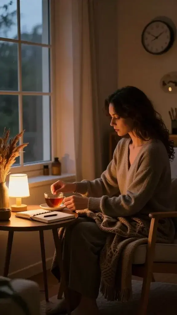 A realistic, high-quality photograph of a calm, cozy evening scene in a softly lit living space. The main subject is a serene person sitting in a comfortable chair by a large window with warm, amber-toned ambient lighting. They are gently winding down with a cup of tea resting on a nearby side table, a closed notebook and a pen within arm's reach, and a small dimmed lamp casting a soothing glow. The room features subtle autumn touches: a plush throw blanket, a scented candle, and a vase with dried grasses. In the background, a digital clock on the wall shows a late-evening time, suggesting nightfall. The color palette includes warm oranges, burnt sienna, soft taupe, and muted greens to evoke calm and restorative routines. The scene conveys quiet reflection, gratitude, and preparation for restful sleep without any text or overlays.