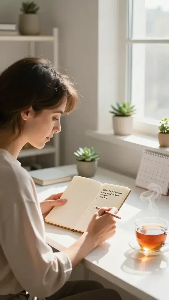 A realistic, high-quality indoor scene of a bright, sunlit workspace featuring a calm, focused adult woman seated at a clean desk. She is opening a small, neatly labeled notebook and jotting a short to-do list with a soft pencil, while a tiny succulent plant and a steaming cup of tea sit nearby. Soft morning light streams through a window, casting warm, inviting tones. The background shows a tidy shelf with a few minimalist decor items, and a wall calendar indicating the beginning of the month. The overall mood conveys gradual progress, intentional starting small, and growing bold without pressure. The main subject from the article title should be clearly represented as the person embodying the affirmation “I Give Myself Permission to Start Small and Grow Bold,” with a subtle sense of momentum and quiet confidence. No text or overlays on the image.