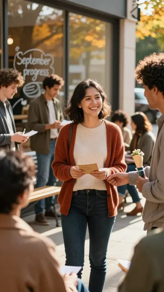A candid, high-resolution photograph of a warm, sunlit community scene in early autumn. In the foreground, a diverse group of coworkers and friends gathers on a city sidewalk, exchanging sincere smiles as one person writes a brief note on a small card while another offers a helping hand, embodying acts of kindness. Nearby, two colleagues stand with a bright, gently glowing chalkboard-style doodle (soft, unobtrusive and out of frame) indicating "September progress" as a subtle backdrop from a storefront window. The main subject, the focal point, is a confident woman in her early 30s with a friendly demeanor, wearing a cozy yet professional outfit in autumn tones (cream sweater, rust cardigan, dark jeans), holding a folded card and a small gift or bouquet to symbolize encouragement. The scene captures motion and warmth: a half-tinted fall foliage reflected in window panes, a bench with a small group of people sharing a quick thank-you note, and a sense of connected momentum. The lighting is natural golden hour, creating gentle shadows, with shallow depth of field to keep the main subject and surrounding acts of kindness in crisp focus while softly blurring the background. Realistic textures: fabric, skin, subtle smiles, and the tactile feel of handwritten notes. No text or overlays on the image.