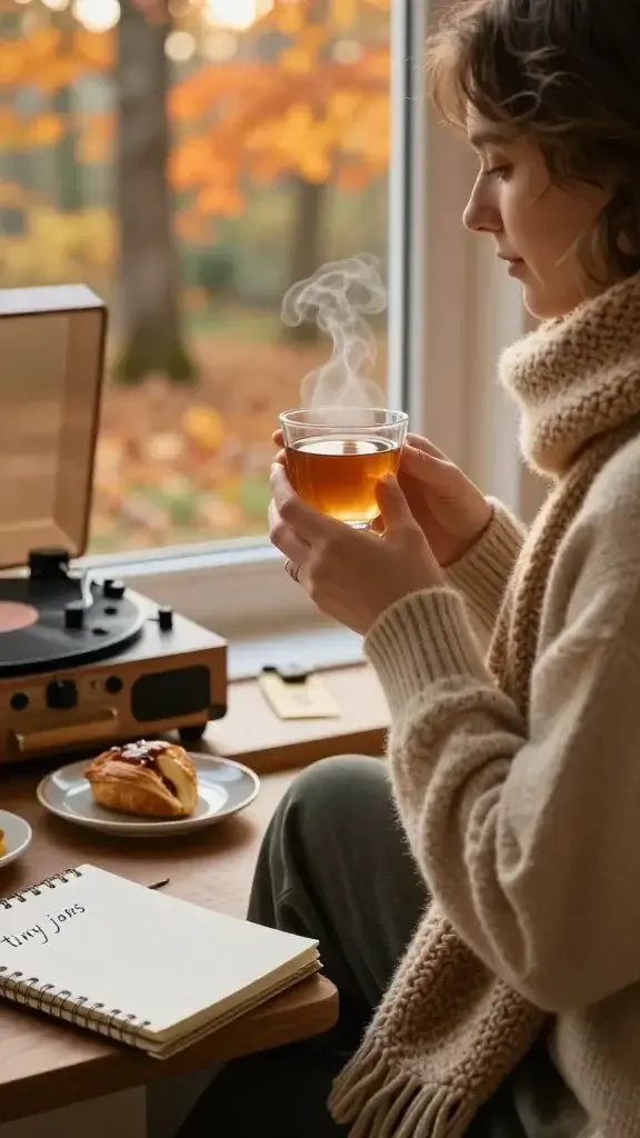 A warm, ultra-realistic photograph of a cozy autumn scene featuring a person sitting by a window with soft, golden fall light streaming in. The main subject is a serene adult wearing a chunky knit scarf in earthy tones, savoring a tiny, steam-wreathed cup of cider held gently in both hands. On the sill nearby, a small plate with a half-minished pastry and a playlist-ready vintage record player subtly hints at a mindful, unhurried moment. The background shows a blurred autumnal landscape of trees in orange and amber, a notebook open to a page titled “tiny joys,” and a fridge magnet with a single tiny note peeked beneath—capturing the concept of small, grateful moments. The color palette is warm and inviting: amber, caramel, olive, and cream, with soft focus and natural textures from wool, ceramic, and wood to convey sustainable happiness built one moment at a time. No text or overlays.