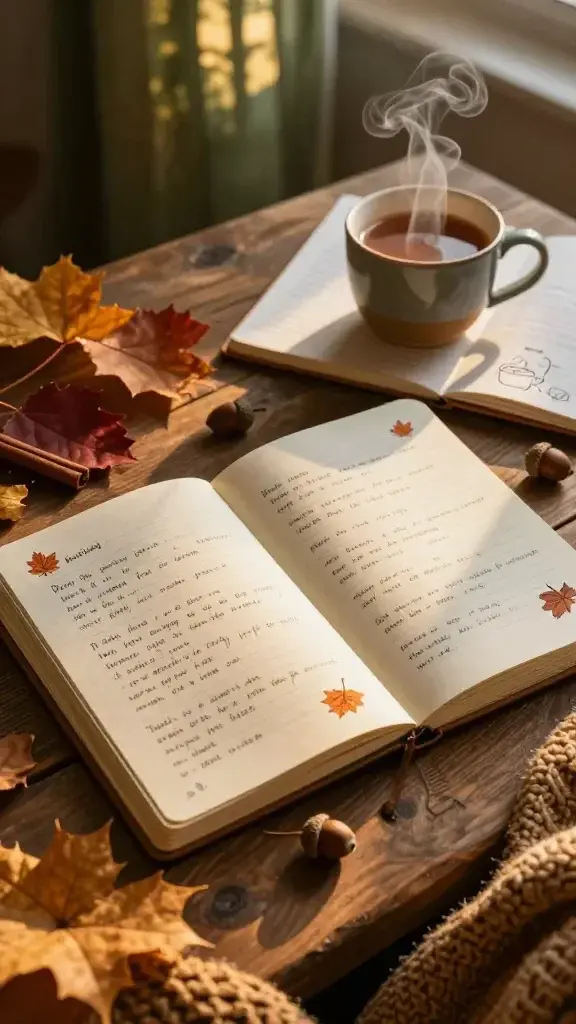 A warm, cozy still-life scene set on a rustic wooden desk in a softly lit room during golden hour. The main subject is a spiral-bound gratitude journal open to pages filled with delicate, legible handwriting of short daily entries, each line paired with tiny autumn sketches like an orange leaf, a steaming mug of chai, and a gentle sunbeam motif peeking through forest-green curtains. Surrounding the journal are seasonal elements: a pile of amber and crimson fallen leaves, a cinnamon stick, acorns, and a small ceramic mug with steam curling upward. In the background, a cup of chai rests alongside a weekly reflection page with a minimal mind-map silhouette drawn faintly at the edge. Warm, natural textures dominate: toasted-brown kraft paper, knit throw blanket in muted ochre, and soft, diffused sunlight casting long shadows. The composition conveys calm repetition, gratitude, and a subtle autumnal rhythm without any text visible in the scene.