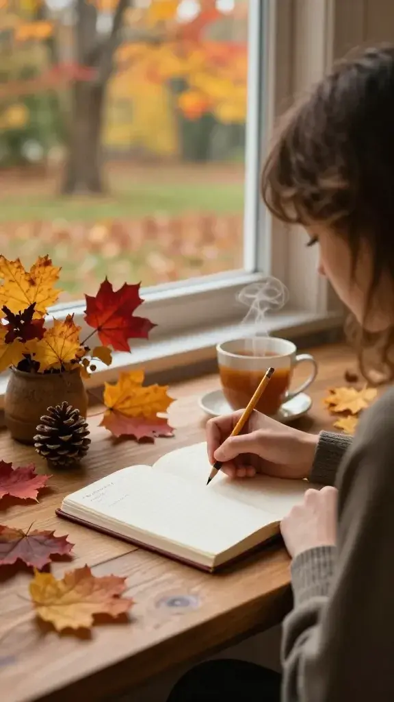 A high-resolution, realistic photo of a cozy autumn scene featuring a main subject inspired by the article title about fall journaling. The scene shows a warmly lit indoor setting with a wooden table near a window, soft natural light casting gentle golden hues. The main subject is a person seated at the table, half-turned, writing in an open journal with a pencil resting nearby. Surrounding details include a small autumn bouquet of dried leaves and a pinecone, a mug of steaming chai, and a few colorful fall leaves scattered on the table to showcase color shifts—from amber to crimson to burnt orange. In the background, a blurred view of a yard or park with trees displaying rich fall colors reinforces the seasonal mood. The overall composition should feel intimate and contemplative, capturing the sensory cues of fall (color, scent, memory) without any text overlays. The image should be crisp, with shallow depth of field to keep the focus on the journal and the play of color around it.