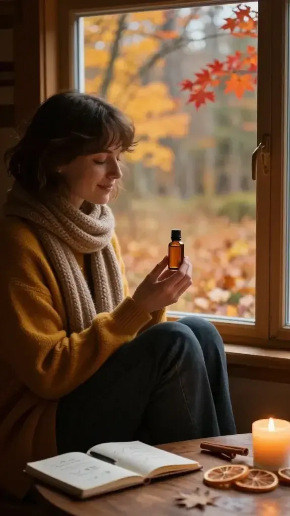 A high-resolution, cinematic photograph of a cozy autumn scene centered on a single person seated by a window in a warmly lit cabin. The main subject is a person in soft, earthy-toned clothing (mustard cardigan, chunky knit scarf, and dark jeans) gently holding a small vial or bottle with a warm amber scent, eyes closed in serene reflection as a subtle smile plays on their lips. The window frame reveals a rich fall landscape outside—golden leaves, a light mist, and a maple tree just turning scarlet. Nearby on a wooden table: a small open notebook with a few scent-memories sketched in, a branch of cinnamon sticks, a sprig of dried orange slices, and a softly glowing candle casting a cozy glow. The overall mood is intimate and nostalgic, capturing the moment where scent triggers memory, with warm amber and amber-orange tones, soft bokeh in the background, natural textures (wood, wool, and glass), and a shallow depth of field to emphasize the subject and the aromatic bottle, ensuring no text or overlays are present in the frame.