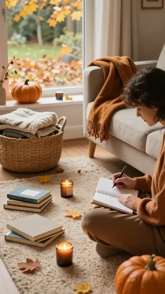 A cozy, sunlit living room in late autumn, featuring a warm color palette of amber, pumpkin, and soft browns. In the foreground, a person sits cross-legged on a plush, textured rug, writing in a notebook with a calm, focused expression, surrounded by gentle autumnal decor: a small pile of neatly organized journals, a scented candle, a woven basket with folded blankets, and a neatly arranged self-care kit with simple items. Nearby, a window reveals a view of a leaf-strewn garden and a wind-holding scarf draped over an armchair. The scene conveys a sense of preparation for winter—organized, accessible, and peaceful—emphasizing calm planning, energy conservation, and cozy practicality without any text overlays or signs.