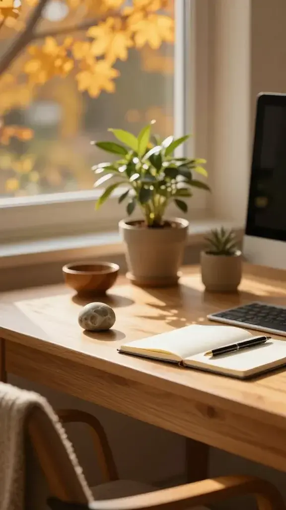 A realistic high-quality photo of a cozy fall workspace scene, featuring a warm, clutter-free desk bathed in amber sunlight. The desk is made of light wood with a smooth finish, and a small, healthy potted plant sits near a neatly organized workspace. Include a go-to grounding object such as a smooth, carved stone or a small wooden bowl. The lighting should be warm and soft, with a slightly blurred autumn backdrop visible through a window—golden leaves, gentle fall colors. Include subtle textures like a knitted throw draped over a chair and a clean notebook with a pen, no visible text or overlays. The main subject from the article title should be represented by the workspace itself, conveying calm, focus, and autumn coziness.