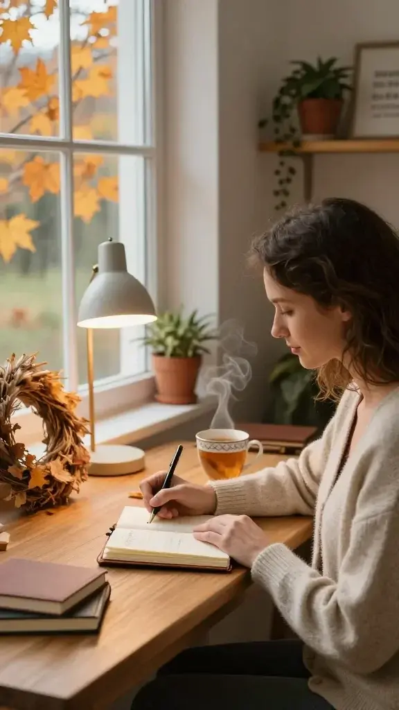 A warm, softly lit indoor scene of a cozy autumn-inspired workspace. In the foreground, a calm, mindful woman sits at a wooden desk near a large window with amber autumn leaves outside. She is in a comfortable cardigan, writing in a leather-bound journal with an intention to set a boundary; a delicate porcelain mug of tea rests to her right, steam curling upward. On the desk, a small stack of seasonal notebooks, a dried seasonal wreath, and a simple, elegant desk lamp cast a gentle glow. The background features a shelf with potted plants, a framed quote about boundaries visually implied (without text in the image), and warm tones of orange, gold, and cream. The atmosphere conveys quiet reflection, self-care, and the act of enforcing a personal boundary for well-being, with natural light highlighting a calm, reflective mood. The image should be photorealistic, high-resolution, and free of any on-image text.