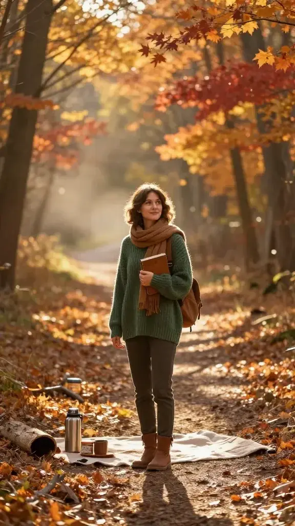 A warm, golden-hour outdoor scene featuring a single person standing on a sunlit autumn trail, surrounded by vibrant fall foliage in shades of amber, copper, and deep red. The main subject, a person in cozy fall attire (soft chunky knit sweater in maple or forest green, scarf, scarf tucked, and ankle boots), stands with a gentle, anticipatory smile, holding a well-worn journal or a small backpack slung over one shoulder. The path ahead curves softly through a quiet forest, a light mist curling at the ground, and delicate sunlight filtering through the trees, creating long shadows and a radiant glow. Nearby, a small picnic blanket with a thermos, mug, and a tin of seasonal treats sits thoughtfully on a fallen log, suggesting a planned, perfect day. The overall mood is tranquil and hopeful, capturing the anticipation and care that make this season feel right. The image should be photorealistic, high-resolution, with natural textures: knitted fabric, bark, leaves, and soft bokeh background to emphasize the subject. No text or overlays on the scene.