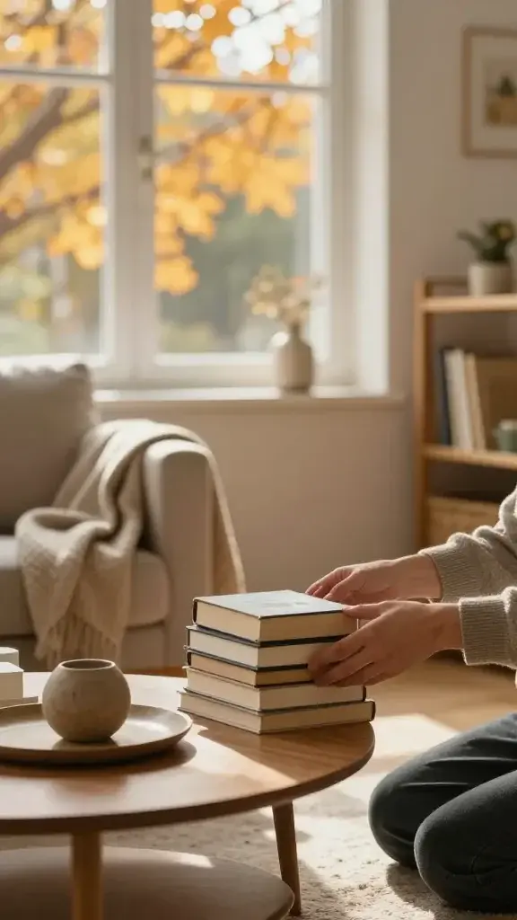 A warm, sunlit autumn interior showing a cozy living room where a single small decluttering moment is happening: a person kneeling to neatly stack a few books on a shelf, while tidying a small coffee table with a single decorative item and a tray, a soft throw blanket draped over the chair, and a window with golden fall light filtering through amber leaves. The scene conveys a calm, organized space with natural textures—wood, wool, linen—and a sense of refreshed mood. The main subject from the article title should appear clearly: the process of decluttering a simple area is the focal point, with subtle hints of a lighter, more open space in the background. Realistic, high-resolution photograph style, natural colors, shallow depth of field to gently blur background details while keeping the decluttering action crisp and prominent. No text or overlay on the image.