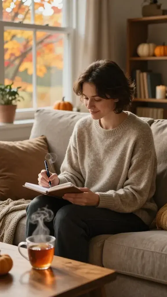A warm, cozy living room scene in soft, autumnal light. In the foreground, a person sits comfortably on a plush, neutral-toned sofa with a knit throw draped over the arm, a mug of tea steaming gently beside them on a wooden coffee table. The person is mid-30s, with calm, thoughtful expression, wearing a soft sweater in muted earthy tones. They are gently smiling as they jot down thoughts in a small, dotted notebook, a pen balanced between fingers, suggesting honesty and kindness. Behind them, a bookshelf with a few autumn decor accents—mini pumpkins, a candles, and a small potted plant—adds warmth. Outside a large window, fall foliage in oranges, golds, and reds is visible, casting golden light into the room. The overall mood is intimate, reflective, and supportive, emphasizing connection and gentle accountability in a safe, non-judgmental atmosphere.