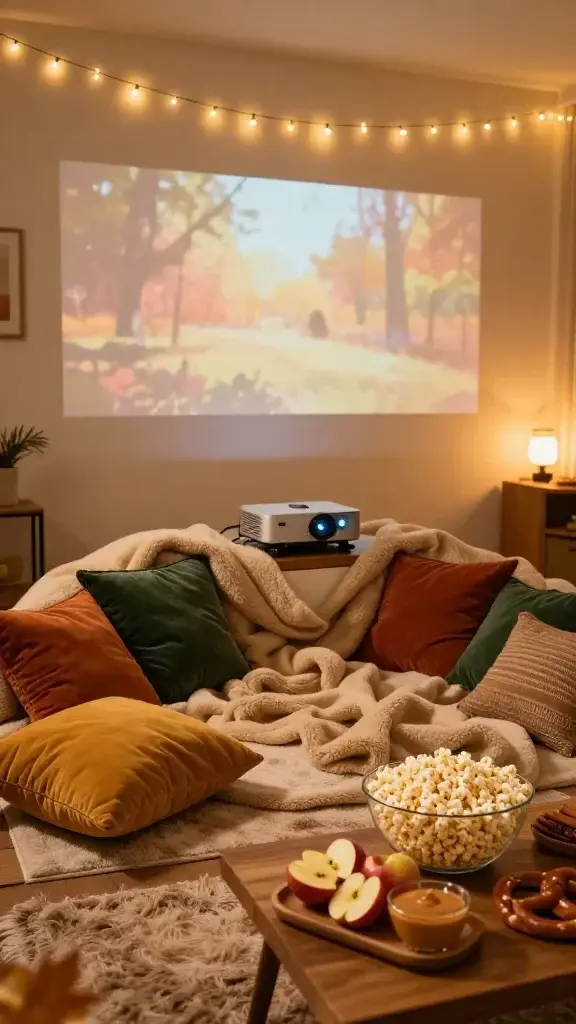 A cozy autumn living room scene set for a Harvest Movie Night under warm string lights: a plush blanket fort built over a soft rug, with oversized throw pillows in mustard, rust, and forest green forming comfortable seating for at least four adults. A gentle projector screen or blank wall displays a soft, cinematic glow from a projector, casting warm amber highlights across the space. Surrounding the fort are fall-friendly snacks on a low wooden coffee table: a big bowl of popcorn, a tray with sliced apples, creamy caramel dipping sauce, and cinnamon pretzels. The atmosphere is magical and Instagrammable, with warm-toned bulbs overhead and subtle bokeh from the string lights, creating a cozy, inviting ambiance. The scene is realistic and high-resolution, with attention to textures: plush blankets, woven pillows, glossy popcorn, and the soft glow of the projector reflecting off the walls. No text or overlays on the image.