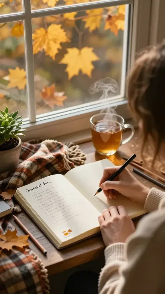 A warm, realistic high-quality photo of a cozy autumn journaling scene featuring the main subject from the article title: a person sitting by a large window with golden autumn leaves outside, writing in a gratitude journal. The scene includes a soft, inviting desk with a plaid fall blanket draped over the chair, a steaming mug of tea, a small potted plant, and a notebook open to a page with handwritten bullet points beginning with “Grateful for…”. Nearby, a few colored pencils and a tiny color swatch pinned lightly to the page add a playful touch. The lighting is gentle, natural golden hour light streaming through the window, casting warm glows and soft shadows. The overall mood is reflective and cozy, emphasizing mindfulness and simple daily joys without any text on the image.