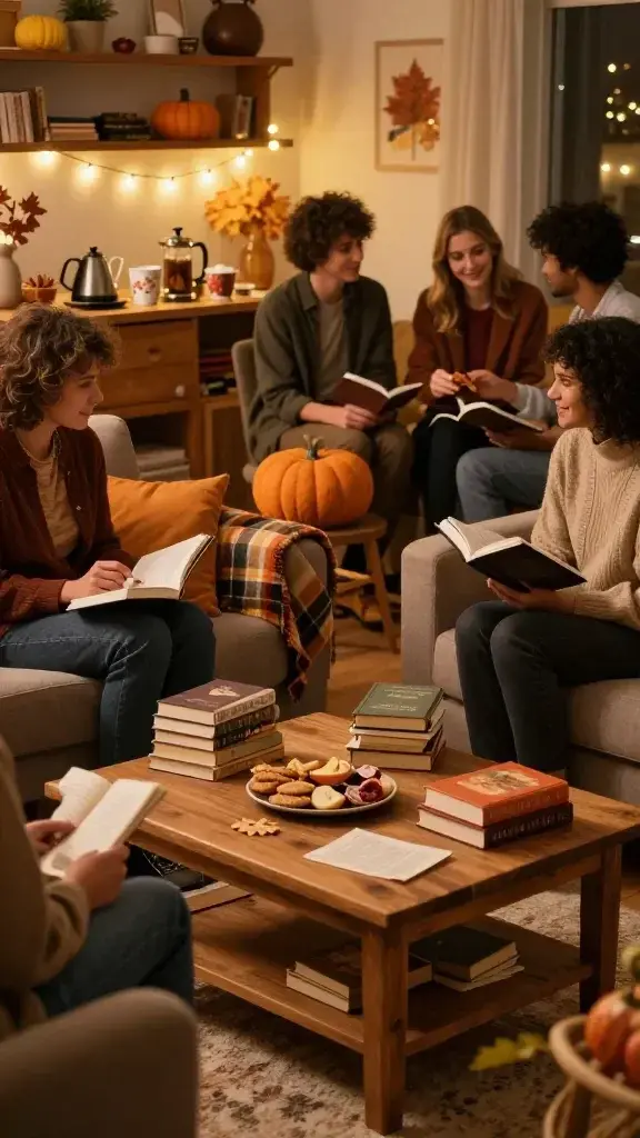 A cozy, warmly lit living room scene set in autumn evening light, featuring a central inviting arrangement for a seasonal book swap and reading night. In the foreground, a rustic wooden coffee table holds a stack of varied hardcover and paperback books, a few scattered loose pages, and a small plate of assorted snacks (cookies, sliced apples, and a charcuterie-style bite). Surrounding the table are plush, mismatched chairs and a soft sofa dressed with pumpkin-hued cushions. A hot drink station in the background includes a kettle, a French press, mugs with subtle autumn patterns, and a thermos of hot chocolate, with small bowls of cinnamon sticks and whipped cream. The shelves behind display fall foliage motifs, with a couple of string lights casting a warm glow. A few guests—diverse in age and appearance— engage in quiet conversation, some seated with a book in hand, others offering a snack to a friend, while a couple of strangers mingle with gentle smiles. A cozy plaid blanket drapes over an arm of the sofa, and a soft rug anchors the space. The overall mood is inviting, intimate, and literary, emphasizing warmth, connection, and autumn charm without any visible text or overlays.