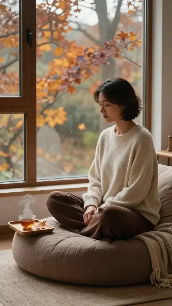 A serene, high-resolution photograph of a contemplative adult sitting near a large window during late autumn afternoon light. The person is in a cozy, softly lit living space with warm earth tones—deep browns, cream, and muted oranges. They are seated cross-legged on a plush ottoman or comfortable chair, hands resting gently on their lap, eyes gently closed or gazing downward in quiet reflection. Outside the window, we see fall foliage in amber, copper, and russet, with a light mist or drizzle suggesting a calm, slowing mood. A small, simple wooden tray beside them holds a steaming cup of tea and a single leaf, symbolizing nourishment and pause. The scene conveys stillness, presence, and choosing calm to honor what sustains us, with subtle textures like a wool blanket, knit throw, and soft rug to emphasize coziness and grounding. The overall composition centers on mindful slowing as a deliberate practice, with natural light creating gentle shadows and a tranquil, grounding atmosphere.