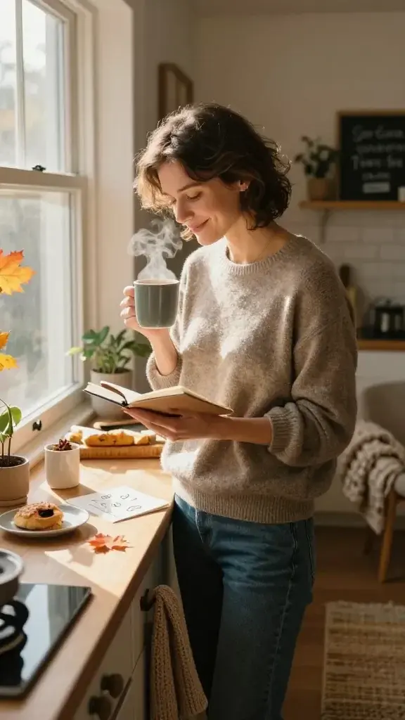 A warm, inviting kitchen and living space bathed in soft autumn light, featuring a central, relatable figure of a calm, content person in their early 30s with a gentle smile. The person stands by a sunlit window, holding a steaming mug of coffee in one hand and a small notebook in the other, jotting down three tiny joys with a relaxed, mindful posture. On the counter nearby, tiny, evocative details suggest small pleasures: a cinnamon sprinkle on a mug, a plate with a half-eaten pastry, a cozy knit scarf draped over a chair, and a gradient of autumn leaves visible through the glass. The rug on the floor is textured and warm-toned, with daylight pouring in to create a serene, grounding atmosphere. A subtle, soft-focus background shows a small, tidy living area with a plush throw blanket, a potted plant, and a chalkboard-style note in the distance that hints at gratitude without explicit text. The overall composition conveys a sense of quiet joy, connection, and the gentle momentum of noticing small moments that brighten the day. Realistic, high-resolution photograph, natural colors, shallow depth of field to emphasize the subject and the small joys being observed. No text or overlays on the image.