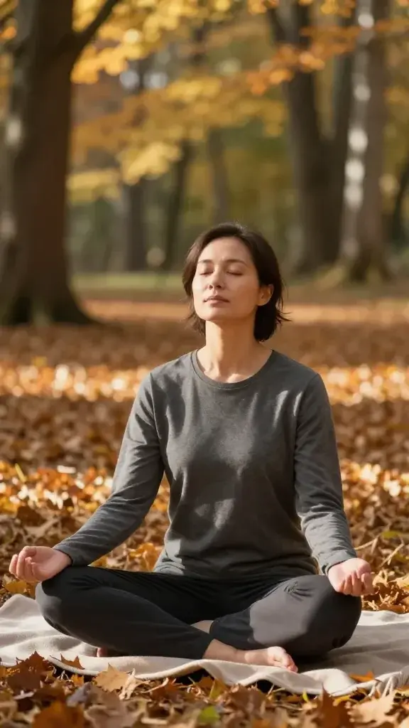 A realistic, high-quality photo of a peaceful, mindful person practicing deep breathing in a serene autumn setting. The main subject, a calm adult individual, sits cross-legged on a soft blanket in a sun-dappled forest clearing with fallen leaves in warm amber and ochre hues. They close their eyes slightly, shoulders relaxed, lips forming a gentle exhale as their hands rest on their knees in a relaxed, open posture. Soft, natural light filters through surrounding trees, casting delicate shadows and a tranquil atmosphere. The scene conveys stillness and grounding during a busy autumn day, with subtle hints of a calm, intentional breathing rhythm visible through the relaxed facial expression and composed demeanor. No text or overlays.