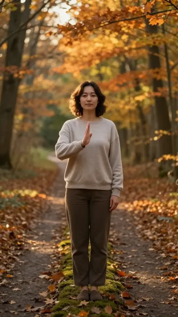 A serene, realistic high-resolution photograph of a calm, grounded person standing at the edge of a quiet forest path during autumn, the air crisp and softly lit by golden hour sunlight filtering through orange and amber leaves. The subject exudes quiet strength and boundaries, wearing comfortable, neutral-toned clothing, with a gentle, confident posture—shoulders relaxed, head held high, eyes forward. They are holding a small, empty space in front of them with one hand as if signaling a respectful pause, while the other hand rests at their side, inviting calm. The surroundings show fallen leaves, a subtle path ahead, and a faint glow that suggests resilience and focus. The mood conveys energy protection, mindful discernment, and grace in saying no, with natural textures of wood, moss, and soft bokeh in the background to emphasize solitude and personal boundary-setting without crowds or distractions. The scene should feel intimate, empowering, and contemplative, capturing the essence of safeguarding one’s energy through thoughtful declination and prioritization. No text or overlays.