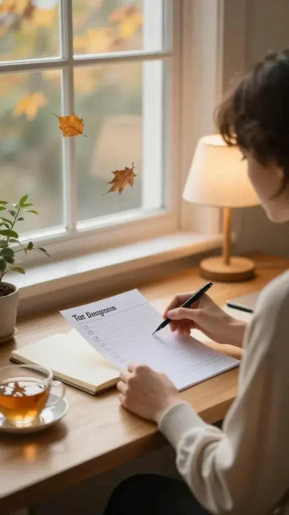 A serene, sunlit scene in a cozy home office during autumn, featuring a calm, focused person seated at a wooden desk with a warm, soft glow from a nearby lamp. The person is gently organizing a to-do list, with a single small task being picked up by their hand while the rest of the list remains neatly checked off. A light breeze subtly moves a few dried leaves visible through a large window, suggesting a gentle, gliding momentum. The desk has a simple, minimalist setup: a notebook, a pen, a cup of tea, and a small potted plant. The atmosphere conveys quiet, steady progress and mindfulness, with natural colors—amber, ochre, and soft browns—enhancing a sense of grounded calm and focus. The main subject from the article title is portrayed: an individual moving through tasks with a calm momentum, embodying patience, consistency, and gentle determination. A high-resolution, realistic photograph with shallow depth of field around the subject, capturing subtle textures in wood, fabric, and leaves.