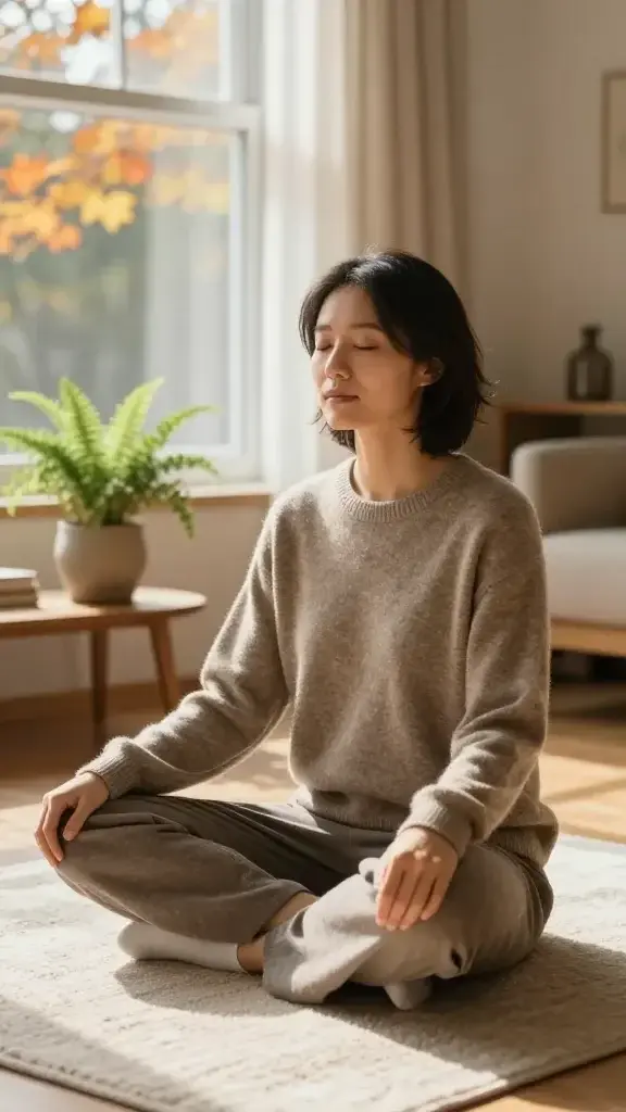 A realistic, high-quality photo of a calm, contemplative person seated cross-legged on a soft, neutral-toned rug in a sunlit autumn room. The subject is mid-30s, wearing cozy earthy-toned sweaters and simple, comfortable pants, with a peaceful expression and slightly closed eyes. Their hands gently rest on their knees, shoulders relaxed, showcasing a moment of reset. The surrounding space features warm, natural light streaming through a large window with light beige curtains, a wooden floor, and autumn foliage visible outside. Nearby, a small ceramic plant pot with a green fern sits on a low wooden table, and a softly blurred background hints at a quiet, organized living space. The scene conveys focus on breathing and grounding, with no text or overlays.