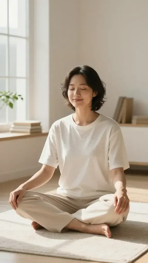 A realistic, high-quality photo of a person seated in a sunlit serene room, embodying a moment of true calm. The main subject sits cross-legged on a soft, neutral-toned rug, eyes gently closed with a slight, peaceful smile. Their posture is relaxed yet dignified, shoulders lowered, hands resting softly on their knees. The surrounding space is minimal and uncluttered: warm natural light pours in from a large window, casting gentle, diffused shadows; a small potted plant and a neatly stacked stack of books sit on a low shelf in the background. The air feels still and absorbing, with a faint sense of a slow, steady breath illustrated by subtle, invisible waves around the subject’s chest area. The color palette is warm and calming—creamy whites, soft beiges, and soft earth tones—evoking a tranquil, restorative atmosphere. No text, logos, or overlays. The scene conveys a palpable sense of release from tension and a ripple of calm spreading through the space.