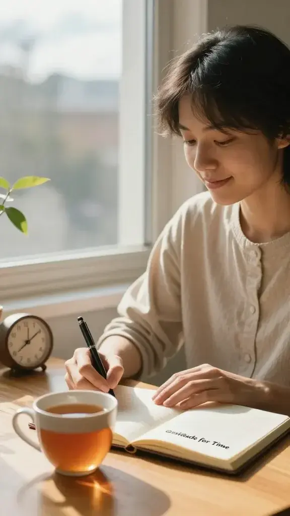 A realistic, high-quality photograph of a calm, reflective moment centered on a person in a peaceful morning setting, embodying gratitude for time. The subject is seated near a sunlit window with soft natural light streaming in, a warm cup of tea resting on a wooden table, a notebook open to a page titled “Gratitude for Time,” and a small, unobtrusive clock showing a comfortable hour. The scene conveys a sense of abundance and mindful pacing: the person is gently smiling, eyes half-closed in contentment, one hand resting on the notebook while the other holds a pen poised to write. Outside the window, a slow, deliberate rhythm of daily life—gentle leaves swaying, distant city silhouettes, or passing clouds—suggests time well spent. The color palette is warm and inviting: amber sunlight, soft beiges and browns, with hints of blue from the outside. The overall composition emphasizes stillness, presence, and the idea of protecting or extending meaningful time tomorrow, captured in a natural, candid style without text or overlays.