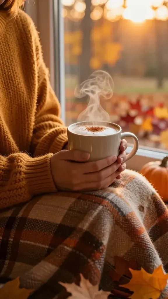 A realistic, high-quality photo of a warm, cozy autumn scene centered on a main subject that embodies a favorite November detail: a person wearing a soft, chunky knit sweater in rich caramel and amber tones, seated near a window with golden-hour light streaming in. They are holding a steaming mug of pumpkin-spice latte, with visible cinnamon dusting on the foam, and a textured plaid blanket draped over their knees. The window reveals a blurred autumn landscape with fallen leaves in orange, gold, and deep red, and an early sunset glow casting long, gentle shadows. The scene emphasizes tactile details: the fuzzy knit of the sweater, the woolly texture of the blanket, the smooth ceramic mug, and the warm steam rising. Subtle scented cues implied by a nearby cinnamon stick and a hint of pumpkin spice in the air, enhancing the sense of comfort and calm. The composition centers the subject as a symbol of slowing down, gratitude, and the quiet joy of seasonal cues that invite pause and breath.