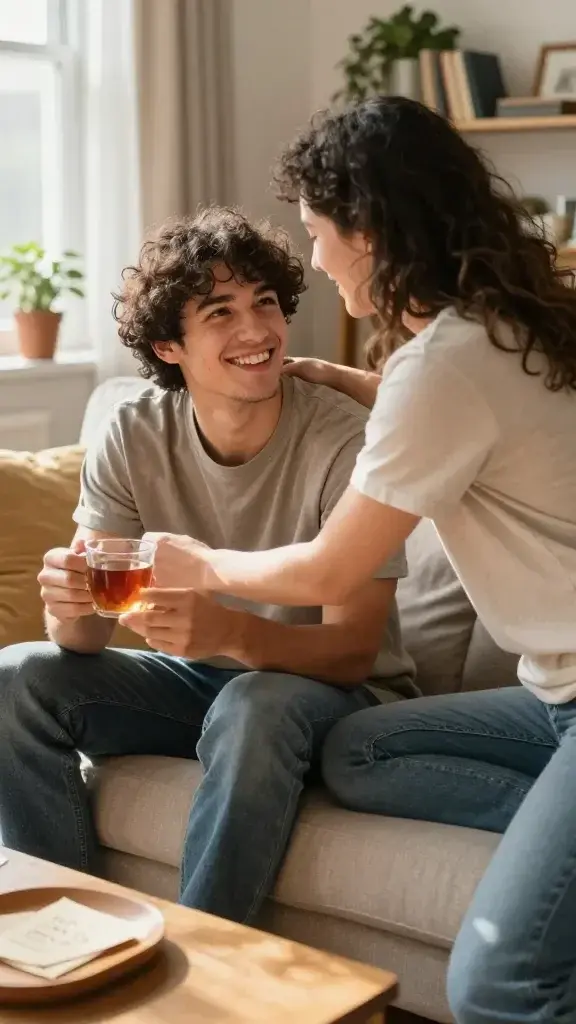 A high-resolution, candid-style photograph of a warm, sunlit moment between two close friends in a cozy living room. One friend, smiling gratefully, is seated on a soft sofa holding a cup of tea, while the other friend stands beside them with a gentle, supportive posture, reaching out to share a heartfelt hug. The scene captures a genuine, intimate interaction: relaxed body language, soft natural light from a nearby window, and subtle background details like a bookshelf, potted plants, and a coffee table with a small tray of letters. The main subject from the article title is clearly present in the frame as the focus of the moment, conveying gratitude, connection, and steady support without any text or overlays.