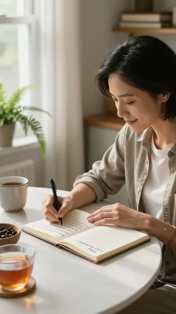 A realistic, high-quality photograph of a calm, contemplative person seated at a clean kitchen table by a sunlit window, writing a handwritten note titled “Promise to Future Me” in a elegant journal. The scene conveys warmth and gratitude: soft natural light filtering through sheer curtains, a notebook open to a page with gentle cursive lettering, a small bowl of gratitude prompts, and a mug of tea nearby. The person’s expression is peaceful and hopeful, mid-20s to mid-40s, casual cozy clothing, subtle accessories like a bracelet. The background shows a cozy living space with earthy tones, a fern plant, and a softly blurred stack of dated journals on a shelf to suggest ongoing yearly reflection. The image should feel intimate and motivational, focusing on the act of making a daily promise to maintain gratitude through the year’s end, with a sense of steady, small commitments and hopeful anticipation for future well-being. No text or overlay in the image.