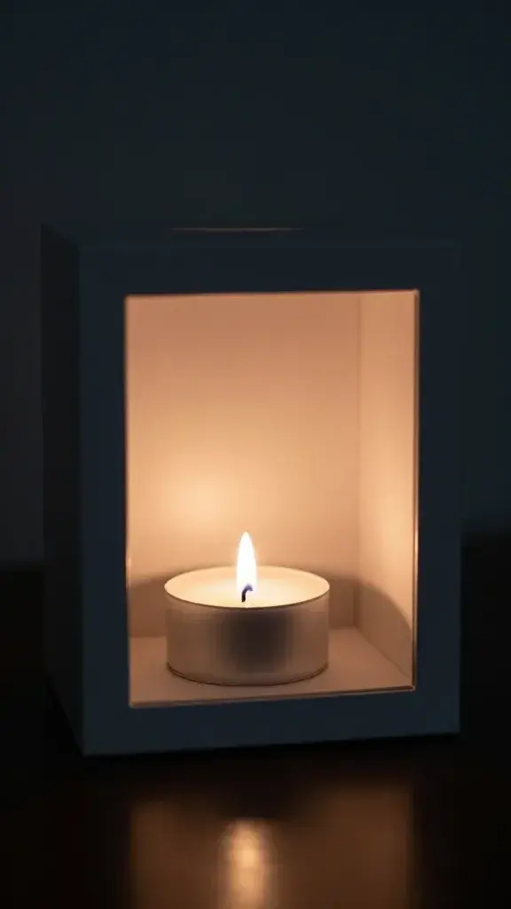Closeup of a lone shadow box with a single internal candle and a calm, reflective glow
