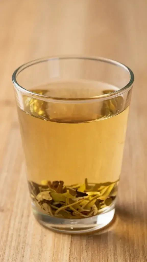 closeup of a glass of herbal tea on a wooden countertop