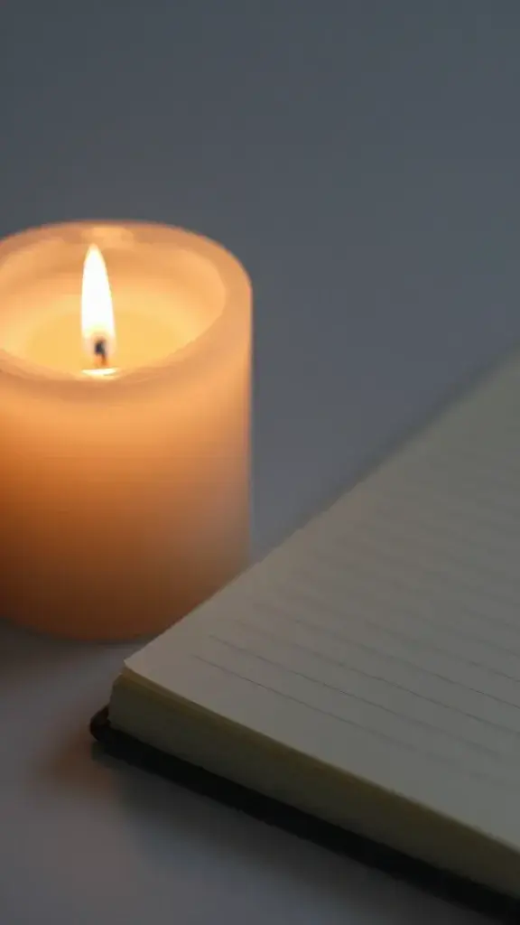 closeup of a single candle flame glowing beside a closed notebook