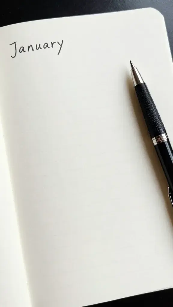 Closeup of a notebook with a single pen ready for January journaling