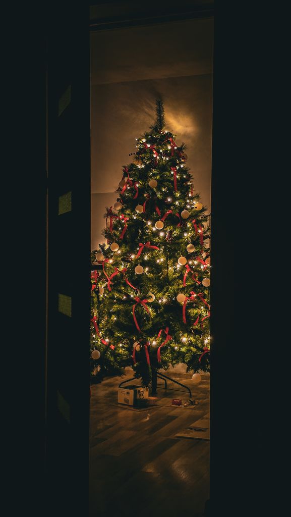 A beautifully decorated Christmas tree glowing warmly indoors at night. Perfect holiday atmosphere.